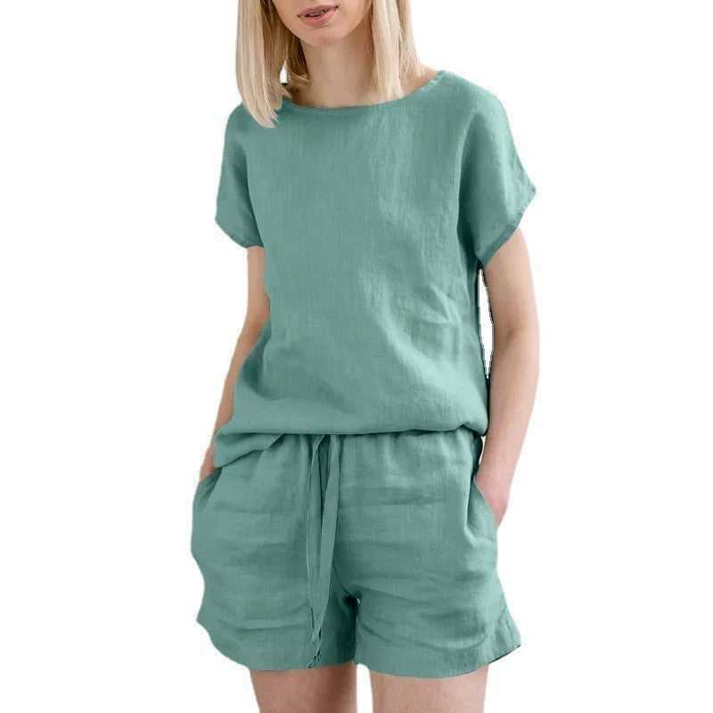 Short Sleeve Cotton Linen Retro Fashion Solid Color Top Shorts Suit