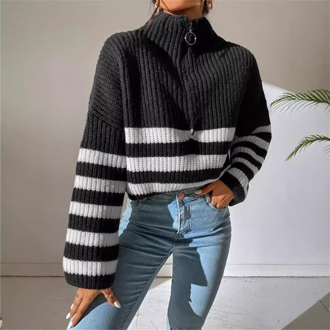 New Striped Contrast Color Stand-up Collar Knitted Pullover Sweater Outerwear Women
